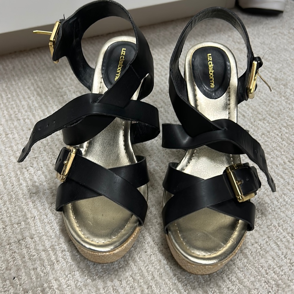 Black and gold buckle detail Liz  Claiborne wedges. Size 6